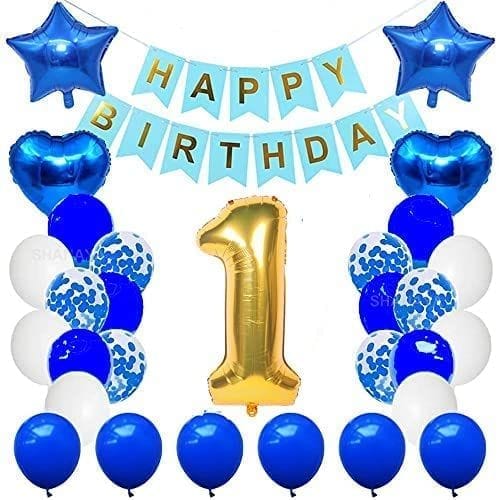 SHANAYA Happy Birthday Decorations For Girls Boys Husband Wife Combo Items Kit -42Pcs Set Blue Gold Happy Birthday Bunting Banner White Metallic Balloons Star Heart Number 1 Foil Baloons Party Supplies