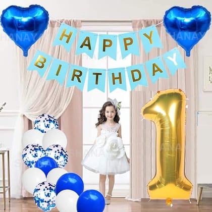 SHANAYA Happy Birthday Decorations For Girls Boys Husband Wife Combo Items Kit -42Pcs Set Blue Gold Happy Birthday Bunting Banner White Metallic Balloons Star Heart Number 1 Foil Baloons Party Supplies