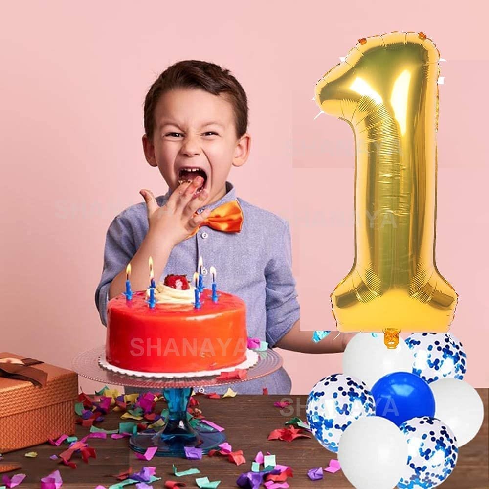 SHANAYA Happy Birthday Decorations For Girls Boys Husband Wife Combo Items Kit -42Pcs Set Blue Gold Happy Birthday Bunting Banner White Metallic Balloons Star Heart Number 1 Foil Baloons Party Supplies