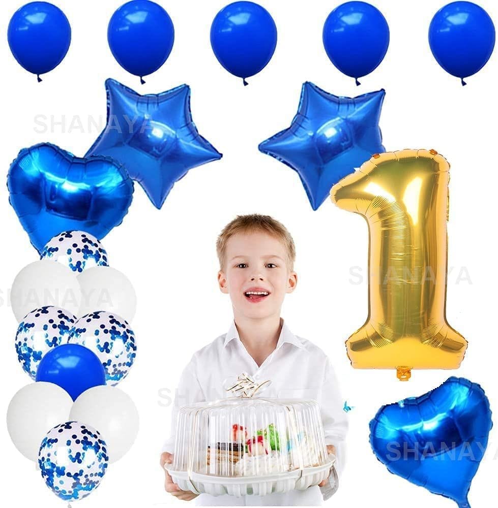 SHANAYA Happy Birthday Decorations For Girls Boys Husband Wife Combo Items Kit -42Pcs Set Blue Gold Happy Birthday Bunting Banner White Metallic Balloons Star Heart Number 1 Foil Baloons Party Supplies