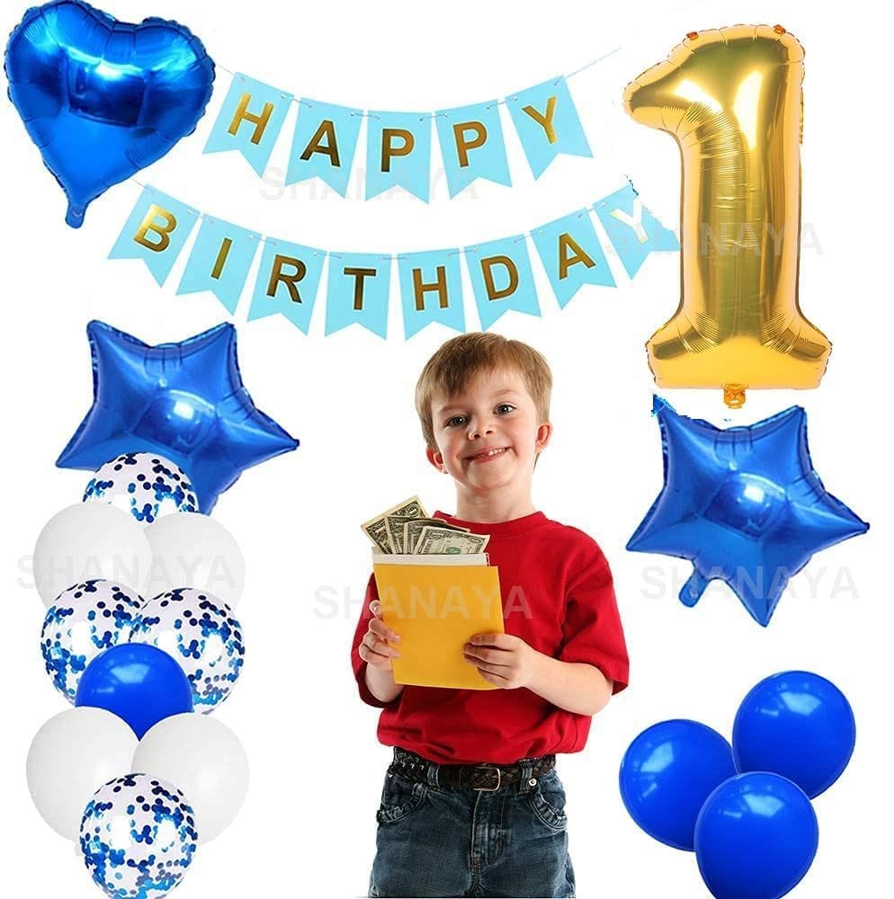 SHANAYA Happy Birthday Decorations For Girls Boys Husband Wife Combo Items Kit -42Pcs Set Blue Gold Happy Birthday Bunting Banner White Metallic Balloons Star Heart Number 1 Foil Baloons Party Supplies