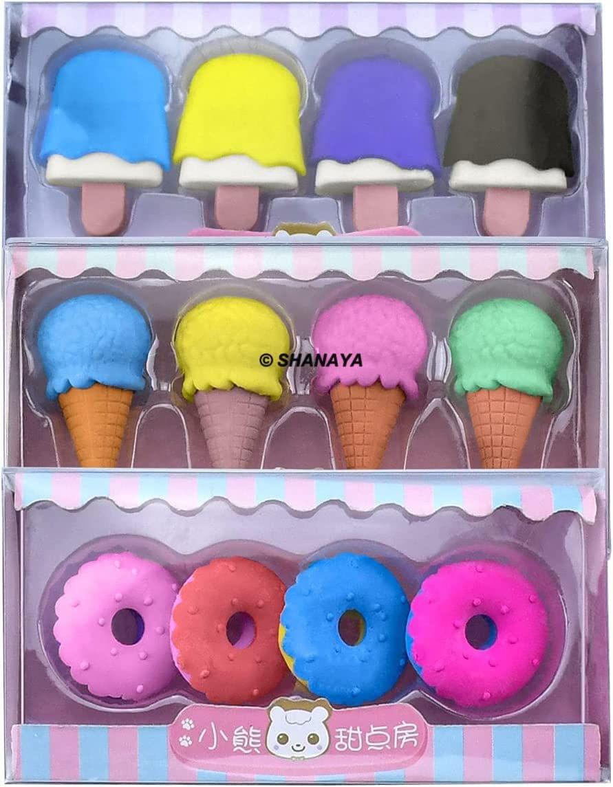 SHANAYA Pencil Eraser for Kids Cute Donut Ice Cream Cone Popsicle Erasers Set Return Gifts for Girls Boys Kids Children Stationary School Items (Set of 3)