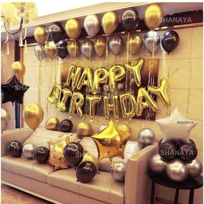 SHANAYA Happy Birthday Decoration Items Kit Combo 61Pcs Set For Girls Boys Husband Wife Happy Birthday Gold Foil Letter Balloons Black Gold White Star Foil Balloon Chrome Balloons Party Supplies