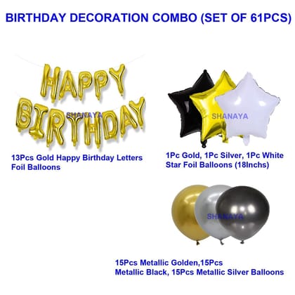 SHANAYA Happy Birthday Decoration Items Kit Combo 61Pcs Set For Girls Boys Husband Wife Happy Birthday Gold Foil Letter Balloons Black Gold White Star Foil Balloon Metallic Balloons Party Supplies