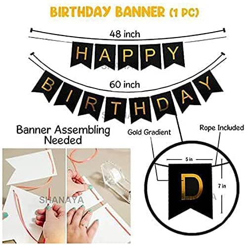 SHANAYA Happy Birthday Decoration Items Kit Combo - 46pcs Metallic Balloons With Birthday Bunting Banner Red Gold Black Metallic Balloons & Ribbon