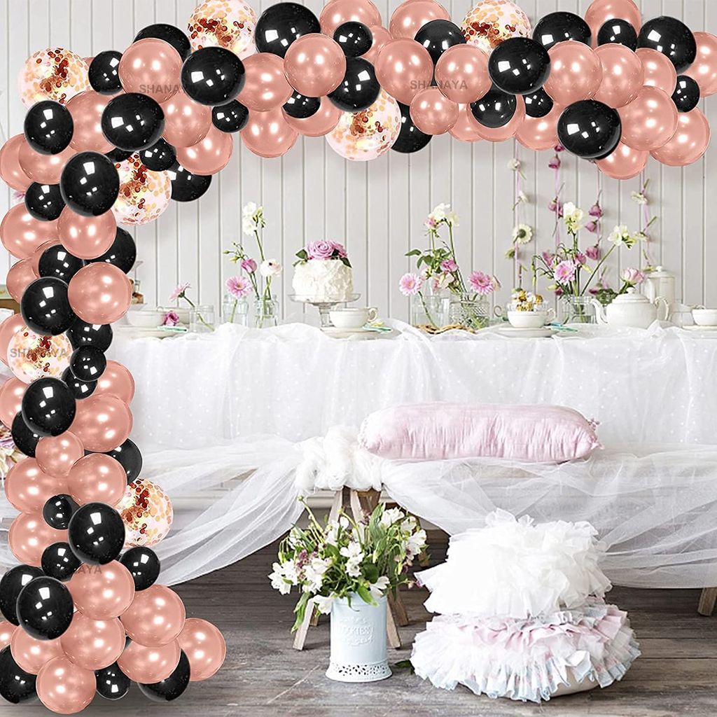 SHANAYA Black Rose Gold Balloons Garland Arch Kit, 112Pcs Rose Gold Black Confetti Latex Balloon Party Decorations for Birthday Bridal Wedding Shower Graduation Retirement Decor