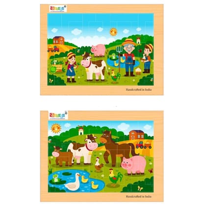 SHANAYA 2 in 1 Early Age Wooden Tetris Jigsaw Puzzles for Kids (Made in India) BIS Approved (Farmers with Family + Farm Animals)