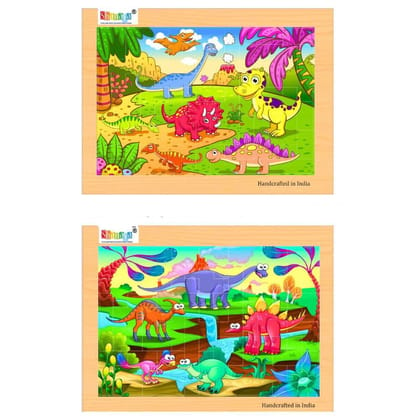 SHANAYA 2 in 1 Early Age Wooden Tetris Jigsaw Puzzles for Kids (Made in India) BIS Approved (Baby Dinosaurs + Adult Dinosaurs)