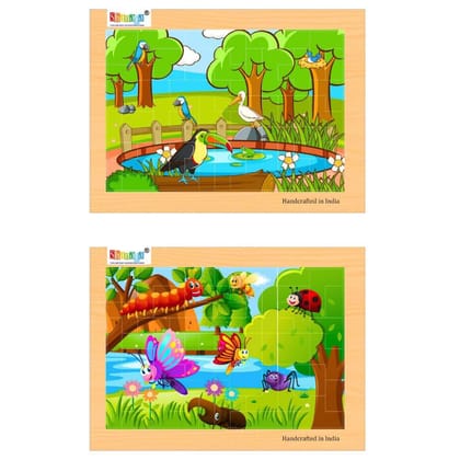 SHANAYA 2 Sided Wooden Tetris Jigsaw Puzzles for Fids (Made in India) BIS Approved 36 Pieces (Insects + Birds)