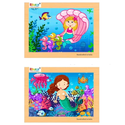 SHANAYA 2 in 1 Early Age Wooden Tetris Jigsaw Puzzles for Kids (Made in India) BIS Approved (Mermaid with Carriage + Mermaid with Fishes)