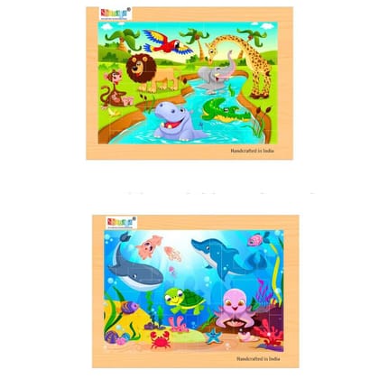 SHANAYA 2 in 1 Early Age Wooden Tetris Jigsaw Puzzles for Kids (Made in India) BIS Approved (Wild Animals + Sea Animals)
