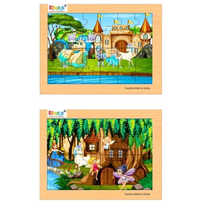 SHANAYA 2-in-1 Wooden Jigsaw Puzzles for Kids - Educational Montessori Toy, Tetris and Geometric Shapes, Interactive Learning Games (Princess with Castle + Fairies with Unicorn)