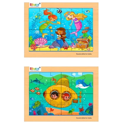 SHANAYA 2-in-1 Wooden Jigsaw Puzzles for Kids - Educational Montessori Toy, Tetris and Geometric Shapes, Interactive Learning Games (Mermaids + Submarine)