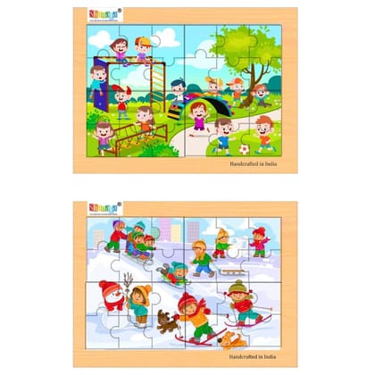 SHANAYA 2-in-1 Wooden Jigsaw Puzzles for Kids - Educational Montessori Toy, Tetris and Geometric Shapes, Interactive Learning Games (Children Playing in Snow + Children Playing in Park)