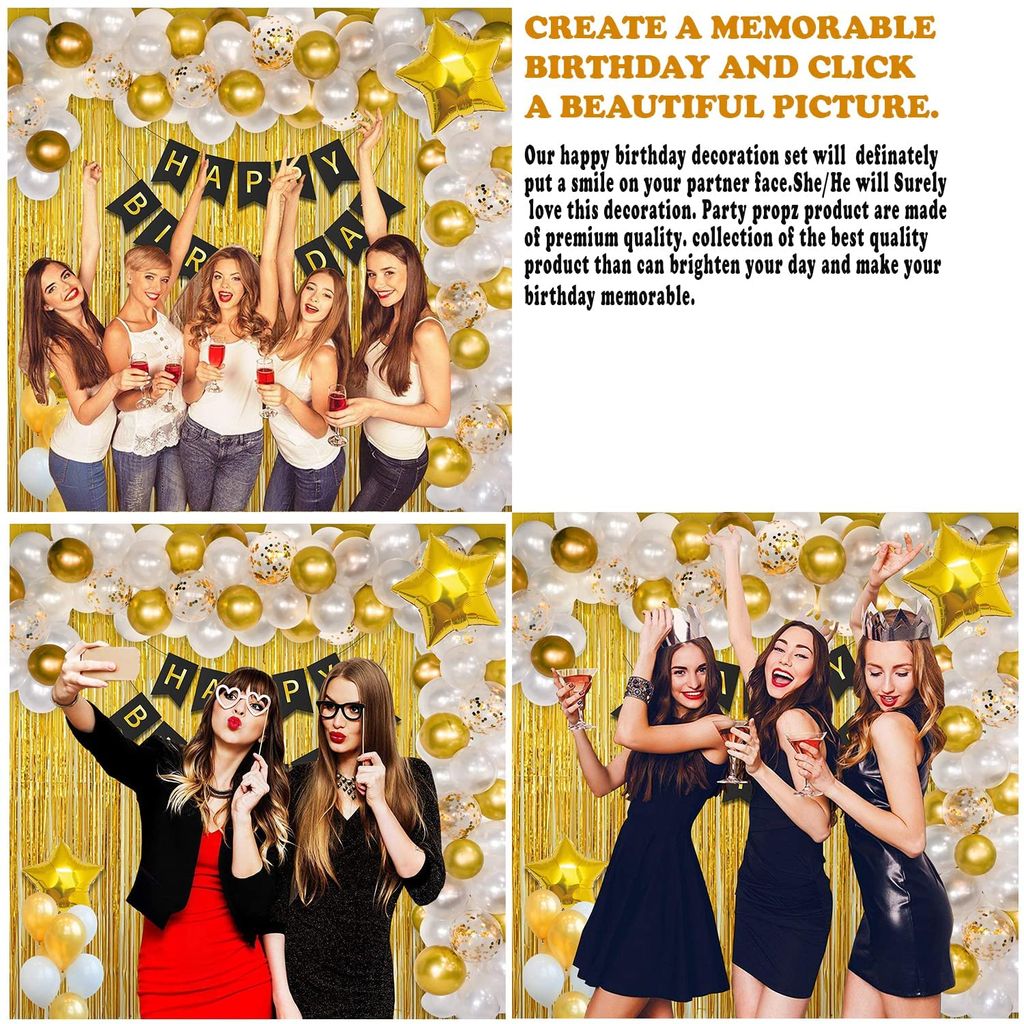 Shanaya Happy Birthday Decoration Items For Husband Combo Set - 63pcs Birthday Bunting Golden Foil Curtain Metallic Confetti Balloons With Balloon Pump & Glue Dot | Birthday Decoration Kit