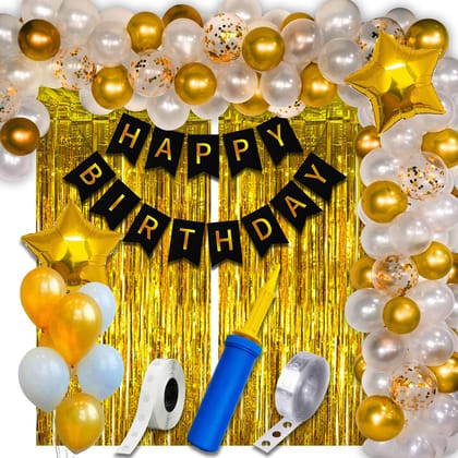 Shanaya Happy Birthday Decoration Items For Husband Combo Set - 63pcs Birthday Bunting Golden Foil Curtain Metallic Confetti Balloons With Balloon Pump & Glue Dot | Birthday Decoration Kit