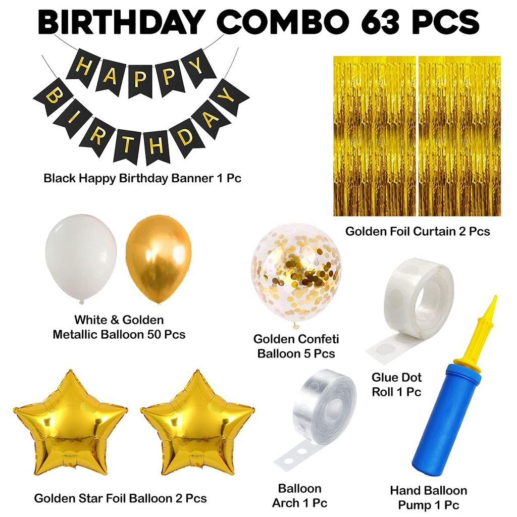 Shanaya Happy Birthday Decoration Items For Husband Combo Set - 63pcs Birthday Bunting Golden Foil Curtain Metallic Confetti Balloons With Balloon Pump & Glue Dot | Birthday Decoration Kit