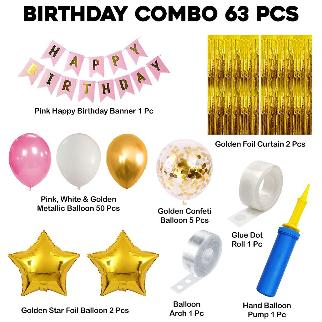 Shanaya Pink Happy Birthday Decoration Kit for Girls 63pcs Combo Set Banner Golden Foil Curtain Balloon Metallic Confetti Girls Birthday Decoration Items/Kids Birthday Decoration Items