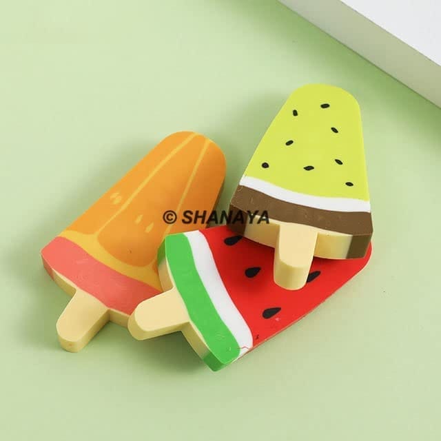 SHANAYA Eraser for Kids Ice Pop Fruit Shaped Pencil Erasers Set Return Gifts for Boys Girls Stationary School Items (Pack of 5 Erasers)