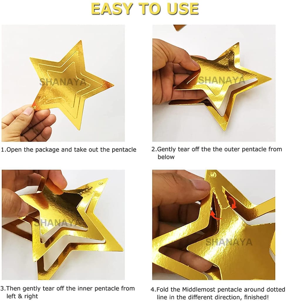 SHANAYA 3D Star Hanging Kit Glitter Star Swirl Banner Garland Decorations for Birthday Wedding Party Engagement Baby Shower New Year Decoration Items - Pack of 11 Pieces (Gold)