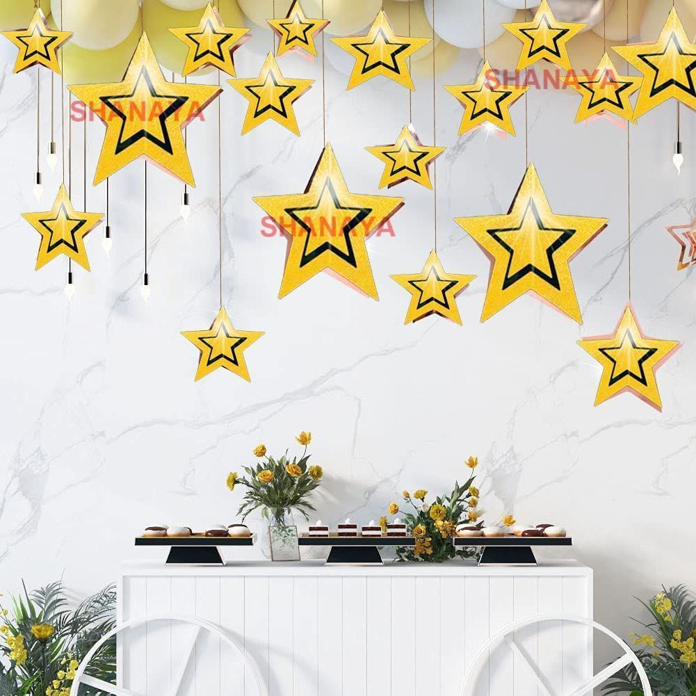 SHANAYA 3D Star Hanging Kit Glitter Star Swirl Banner Garland Decorations for Birthday Wedding Party Engagement Baby Shower New Year Decoration Items - Pack of 11 Pieces (Gold)