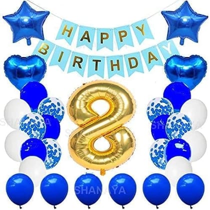 SHANAYA Happy Birthday Decorations For Girls Boys Husband Wife Combo Items Kit -42Pcs Set Blue Gold Happy Birthday Bunting Banner White Metallic Balloons Star Heart Number 8 Foil Baloons Party Supplies