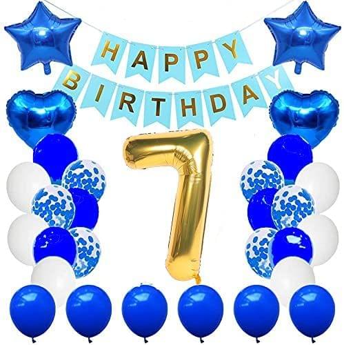 SHANAYA Girl's, Boy's, Husband's and Wife's Happy Birthday Foil Metallic Balloons Star Heart Number 7 Decoration Combo Items Kit for Party Supplies (Blue, White and Gold) - 42 Pcs Set