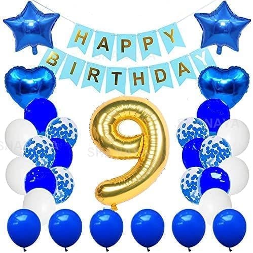 SHANAYA Happy Birthday Decorations For Girls Boys Husband Wife Combo Items Kit -42Pcs Set Blue Gold Happy Birthday Bunting Banner White Metallic Balloons Star Heart Number 9 Foil Baloons Party Supplies