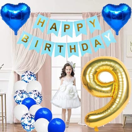 SHANAYA Happy Birthday Decorations For Girls Boys Husband Wife Combo Items Kit -42Pcs Set Blue Gold Happy Birthday Bunting Banner White Metallic Balloons Star Heart Number 9 Foil Baloons Party Supplies