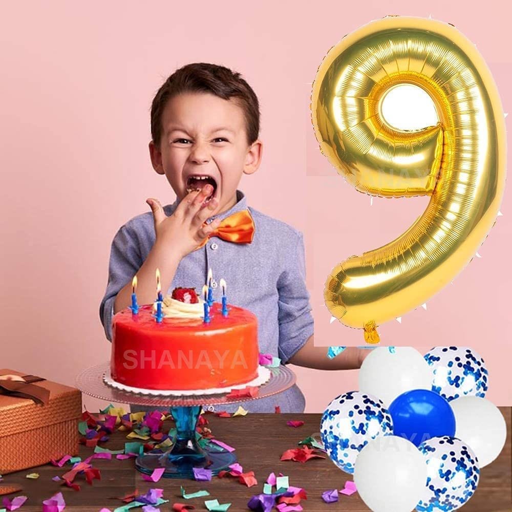 SHANAYA Happy Birthday Decorations For Girls Boys Husband Wife Combo Items Kit -42Pcs Set Blue Gold Happy Birthday Bunting Banner White Metallic Balloons Star Heart Number 9 Foil Baloons Party Supplies