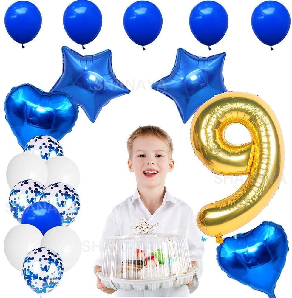 SHANAYA Happy Birthday Decorations For Girls Boys Husband Wife Combo Items Kit -42Pcs Set Blue Gold Happy Birthday Bunting Banner White Metallic Balloons Star Heart Number 9 Foil Baloons Party Supplies