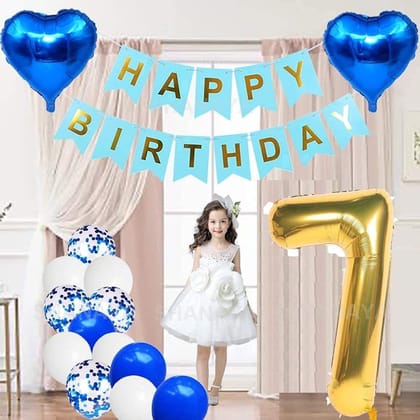 SHANAYA Girl's, Boy's, Husband's and Wife's Happy Birthday Foil Metallic Balloons Star Heart Number 7 Decoration Combo Items Kit for Party Supplies (Blue, White and Gold) - 42 Pcs Set