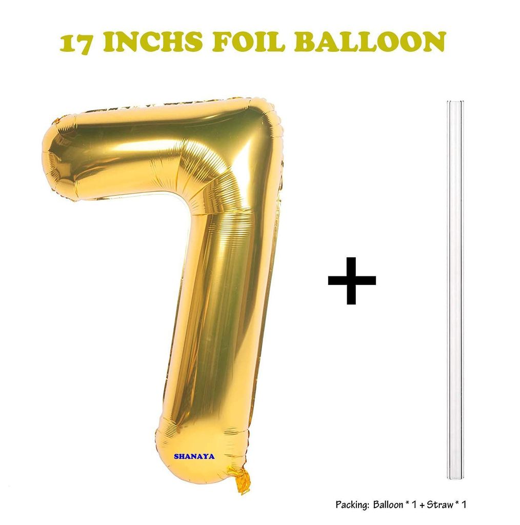 SHANAYA Girl's, Boy's, Husband's and Wife's Happy Birthday Foil Metallic Balloons Star Heart Number 7 Decoration Combo Items Kit for Party Supplies (Blue, White and Gold) - 42 Pcs Set
