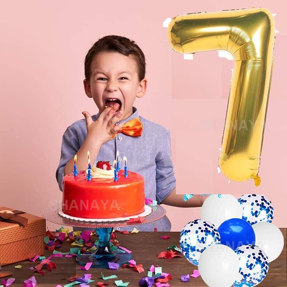SHANAYA Girl's, Boy's, Husband's and Wife's Happy Birthday Foil Metallic Balloons Star Heart Number 7 Decoration Combo Items Kit for Party Supplies (Blue, White and Gold) - 42 Pcs Set