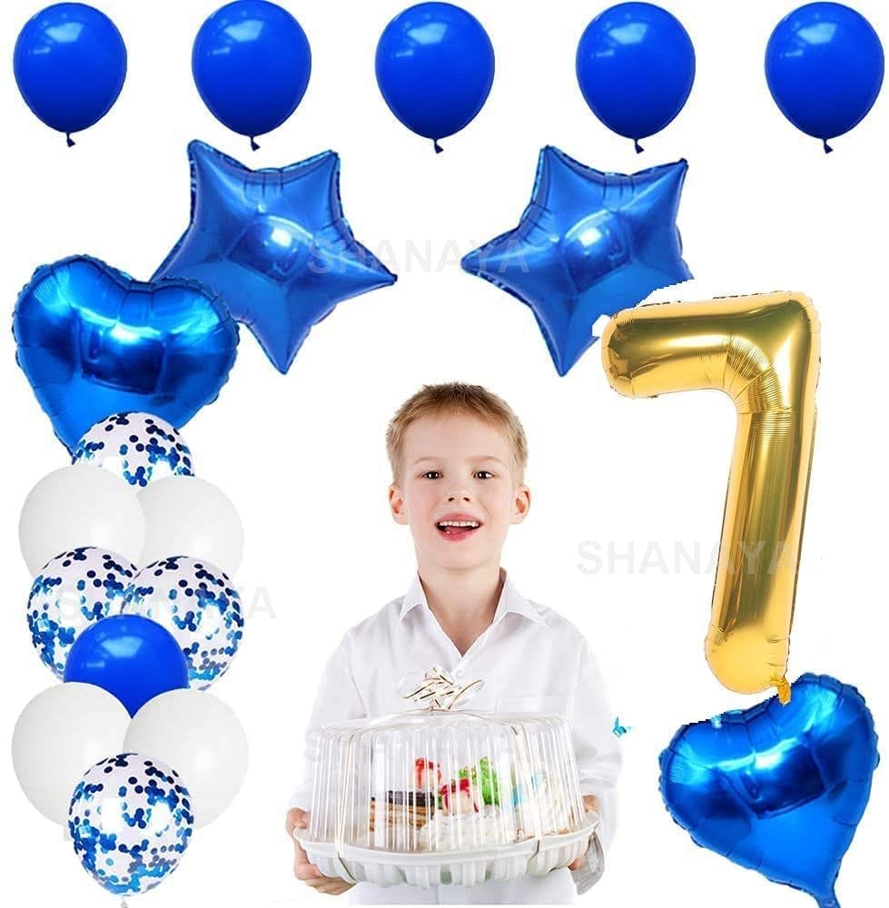 SHANAYA Girl's, Boy's, Husband's and Wife's Happy Birthday Foil Metallic Balloons Star Heart Number 7 Decoration Combo Items Kit for Party Supplies (Blue, White and Gold) - 42 Pcs Set