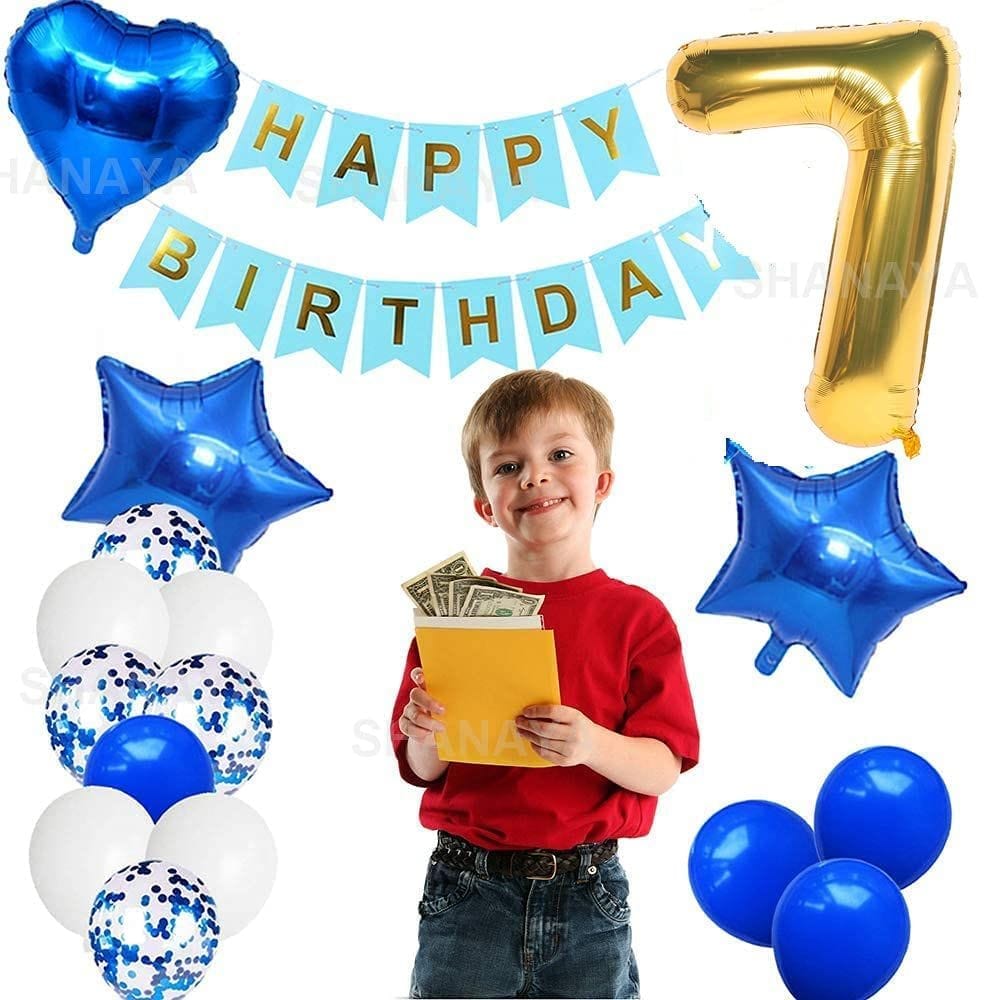 SHANAYA Girl's, Boy's, Husband's and Wife's Happy Birthday Foil Metallic Balloons Star Heart Number 7 Decoration Combo Items Kit for Party Supplies (Blue, White and Gold) - 42 Pcs Set