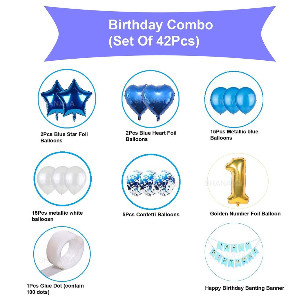 SHANAYA Girl's, Boy's, Husband's and Wife's Happy Birthday Foil Metallic Balloons Star Heart Number 7 Decoration Combo Items Kit for Party Supplies (Blue, White and Gold) - 42 Pcs Set