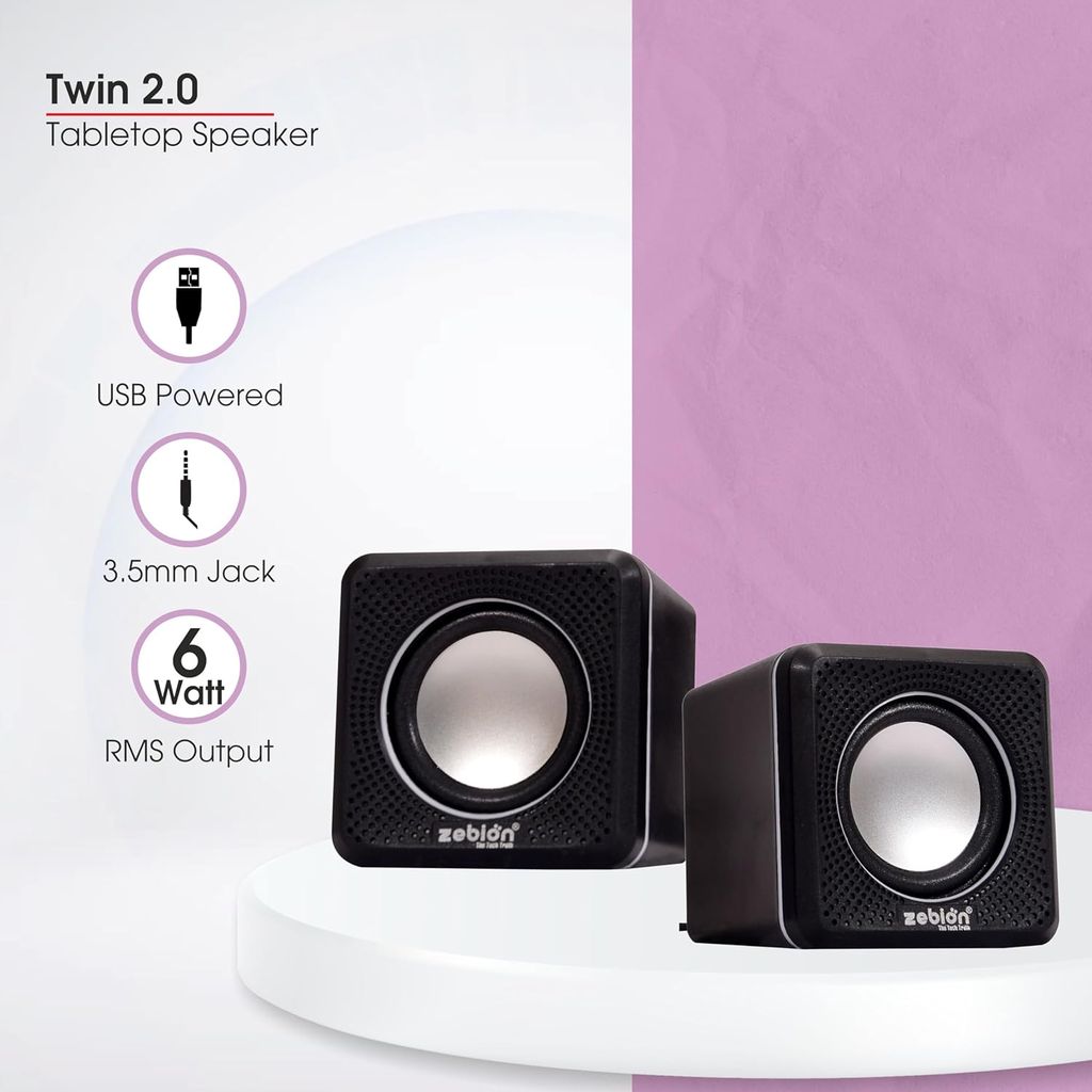 Zebion Muze Twin Tabletop 2.0 Speaker Set, with Output Power: 3Wx2=6W, USB Connectivity, USB Powered, Compact and Sleek, Driver Unit: 40mmx2, Durable Body
