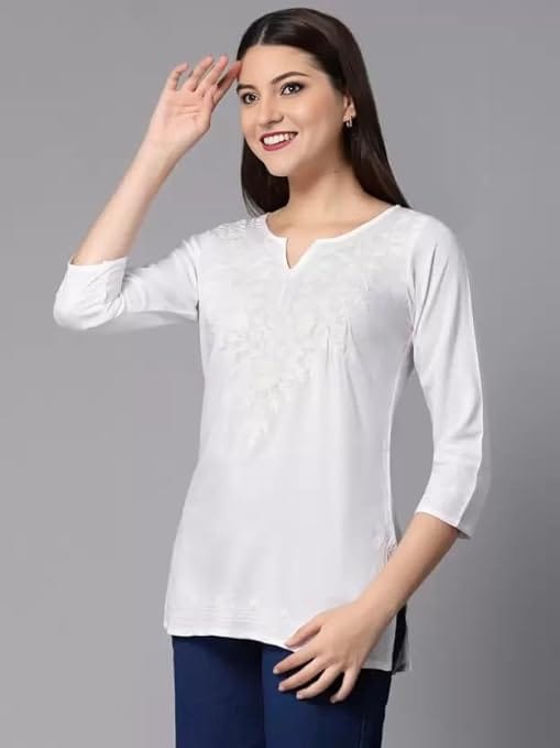 Women’s Chikankari Faux Georgette White Cotton Short Shirt Style Kurta