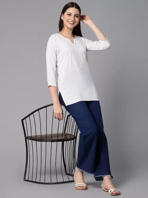 Women’s Chikankari Faux Georgette White Cotton Short Shirt Style Kurta