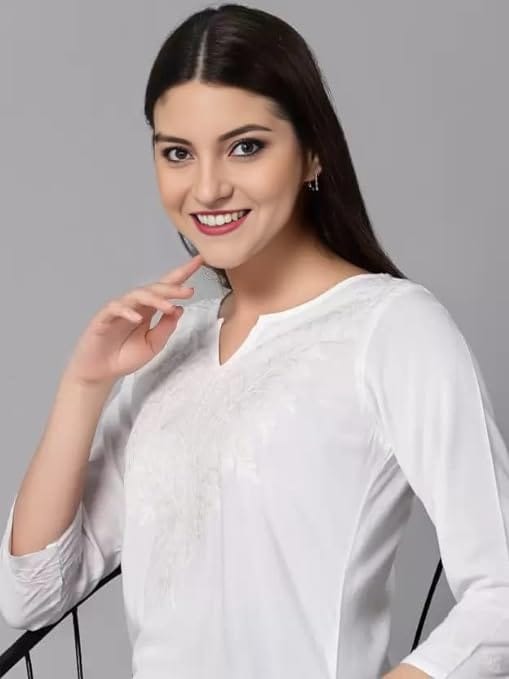 Women’s Chikankari Faux Georgette White Cotton Short Shirt Style Kurta
