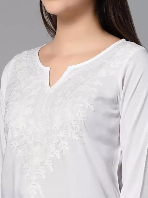 Women’s Chikankari Faux Georgette White Cotton Short Shirt Style Kurta