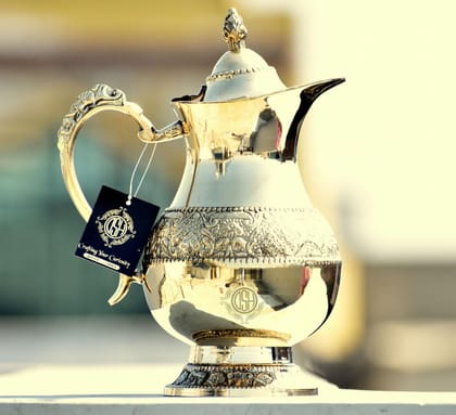 Brass Jug Embossed Design Mughlai Style Pitcher with Lid Serving Water Home Hotel and Restaurant.