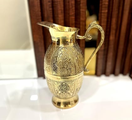 Pure Brass Water jug Mughlai Design Embossed Finish (1300 ml) Pitcher for Serving Drinking Water Home Decor Gift Item.(JUG-14-KING-EMBOS)