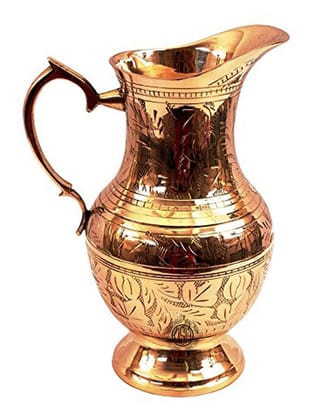 Brass Jug/Pitcher Designer Embossed Design Mughal Style for Serving Drinking Water, Home Decor Drinkware & Tableware Gold