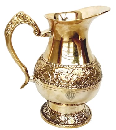 Brass Jug/Pitcher Designer Handle Embossed Design Mughal Style for Serving Drinking Water, Home Decor Drinkware & Tableware (Emboss), Gold