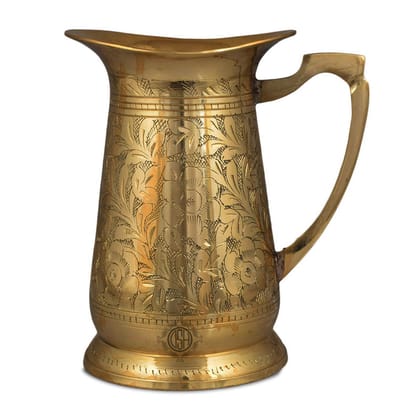 Brass Jug Engraved Design Designer Mughal Style for Serving Drinking Water, Home Decor Drinkware & Tableware (Engraving), Gold