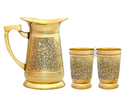 Brass Embossed Engraved Design Jug & Glass Set for Serving Water with 2 Brass Glasses & 1 Jug for Home Decor Drinkware & Tableware (1 Jug with 2 Glass)