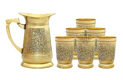 Brass Embossed Engraved Design Jug & Glass Set for Serving Water with 6 Brass Glasses & 1 Jug for Home Decor Drinkware & Tableware (6+1) (1 Jug with 6 Glass)