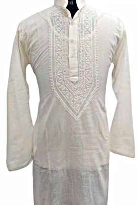 Off white Man Cotton  Chikankari Embroidered Ethnic Motifs Double placket Kurta